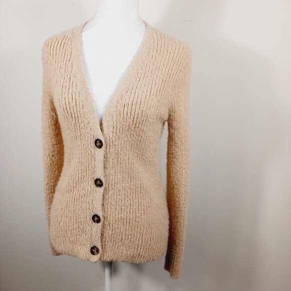 INDUSTRY, Ribbed Soft Button Front Cardigan, Light Tan, Size Small, Neutral Cozy - Picture 4 of 14